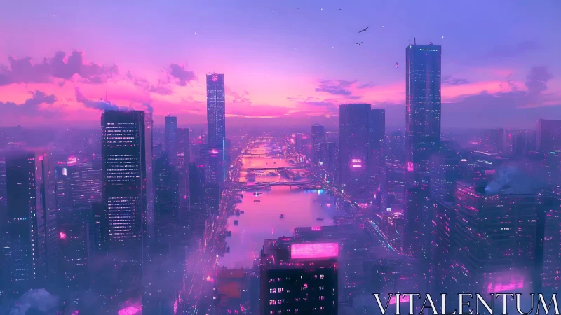 Neon lit futuristic city skyline at sunset above river.
