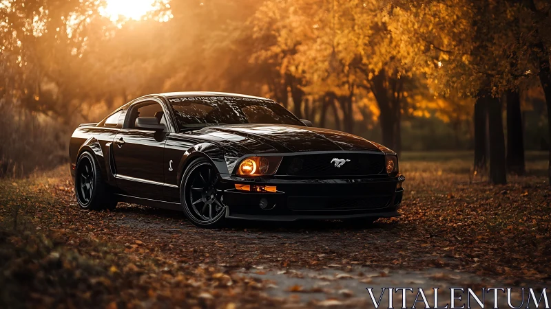 Midnight mustang prowls an amber autumn forest road.