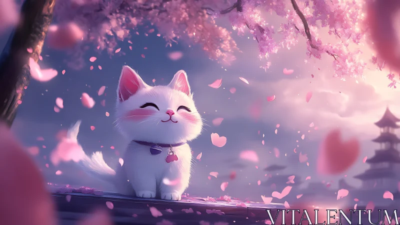 Smiling white kitten beneath luminous cherry blossoms at dusk