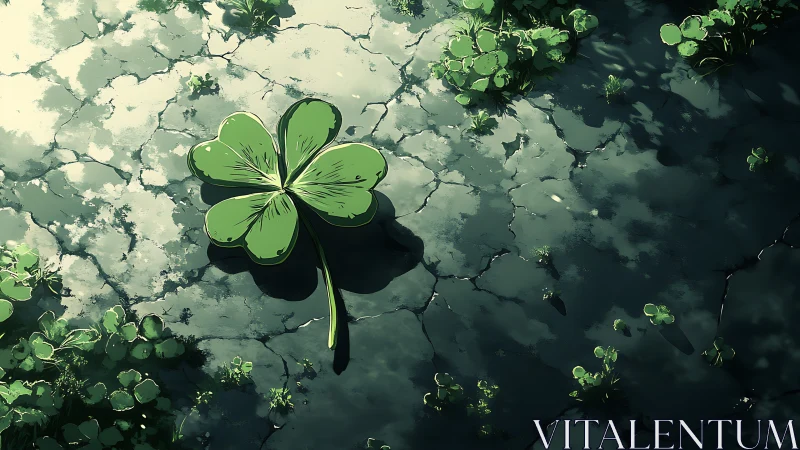 Solitary four leaf clover shining on cracked twilight earth.