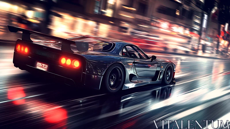 Aerodynamic tuner coupe accelerating on wet neon-lit urban avenue