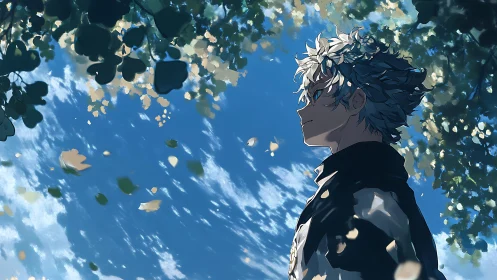 White haired anime boy stands under leafy trees and sky