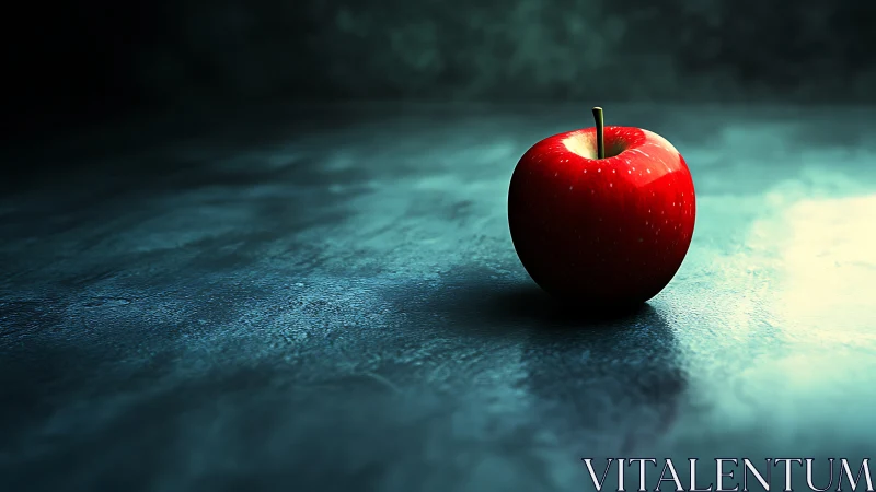 Highly polished red apple stands on textured teal surface