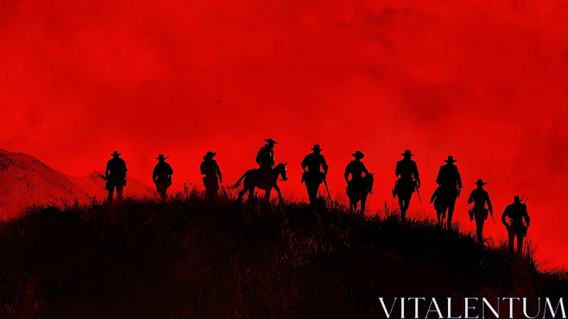 Cowboy silhouettes on ridge under blood red sky.