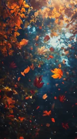 Autumn leaves swirl through glowing forest twilight sky.