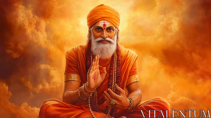 Orange-robed guru in meditative pose against radiant clouds