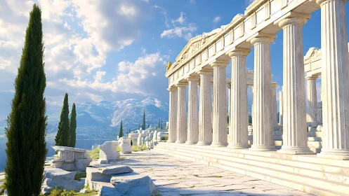 Sunlit marble colonnade overlooks coastal mountains and sea