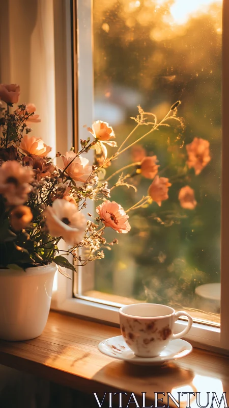 Golden hour transmission through floral window tableau.