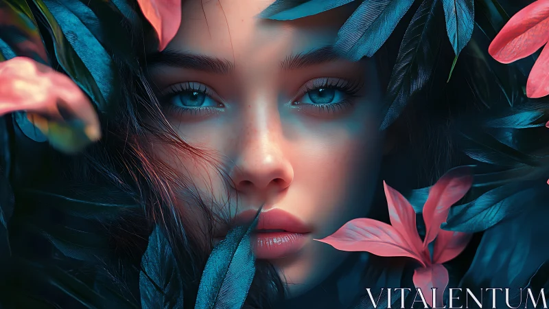 Midnight bloom unveils a luminous gaze between neon leaves