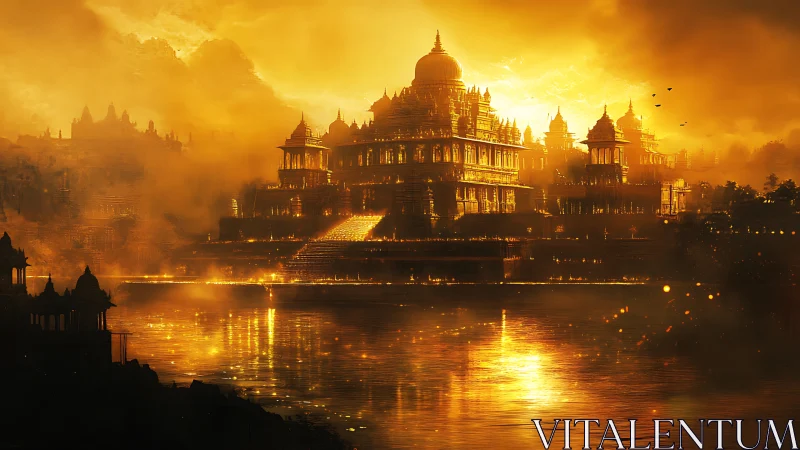 Golden riverside palace city glows in mystical twilight.