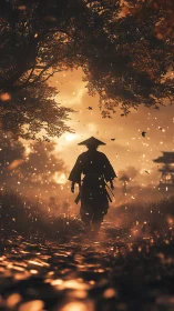 Lone samurai walks under burning dusk leaves on forest path