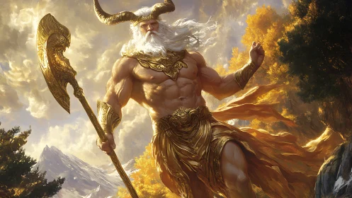 Titanic horned war god wielding ornate golden battle axe