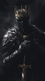 Dark armored king stands solemnly with a golden crowned helm.
