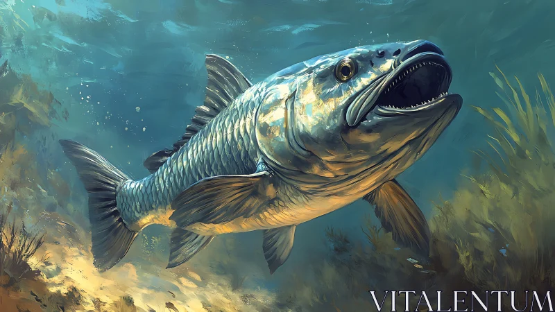 Large predatory fish swims close to seabed vegetation