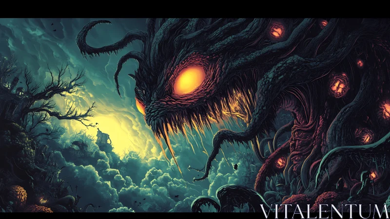 Eldritch storm titan with glowing eyes over haunted valley.