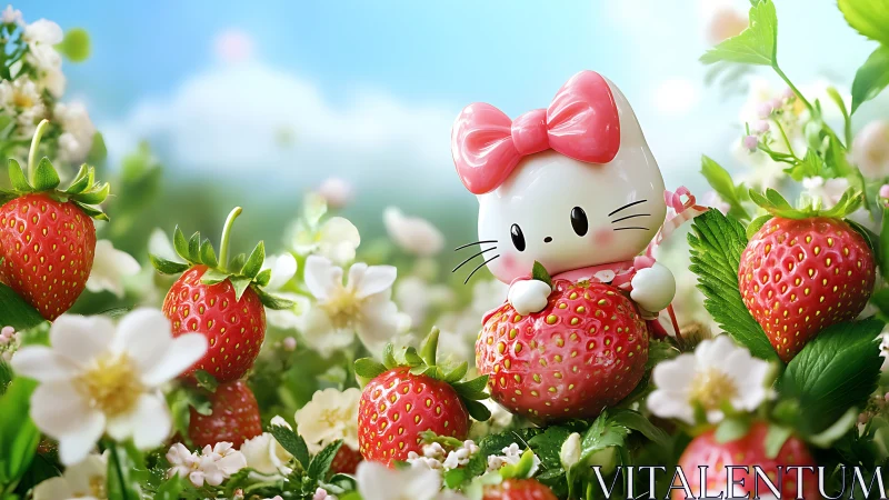 Hello Kitty figurine positioned among strawberry plants and white flowers.