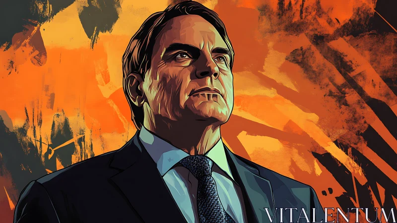 Confident leader in bold orange abstract portrait art.