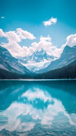 Mountain mirror morning over tranquil turquoise lake.