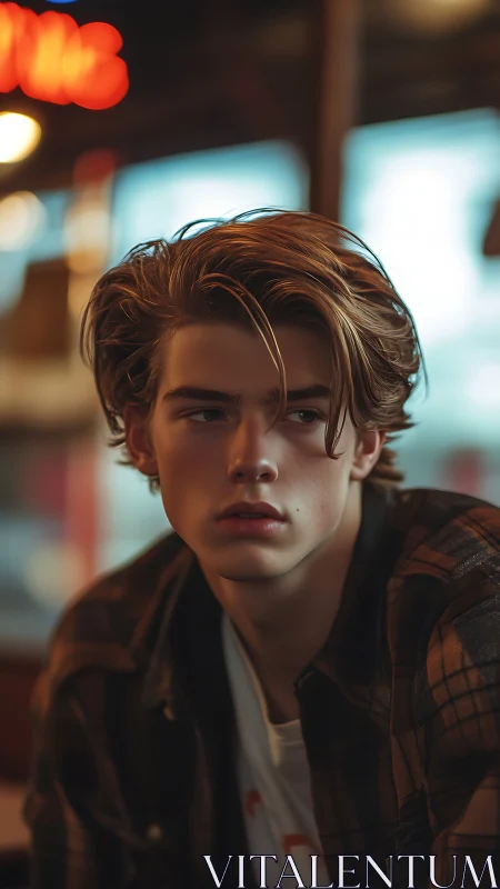 Young man looks away in shallow depth of field portrait