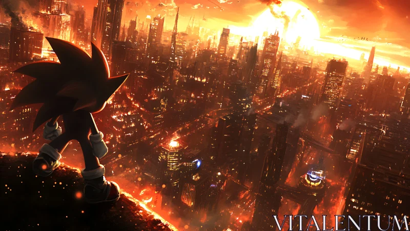 Hedgehog silhouette surveying a burning neon megacity dusk.