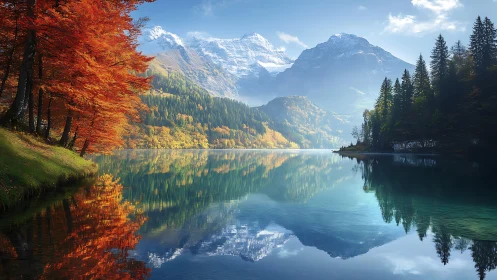 Calm mountain lake with autumn forest and snowy peaks.