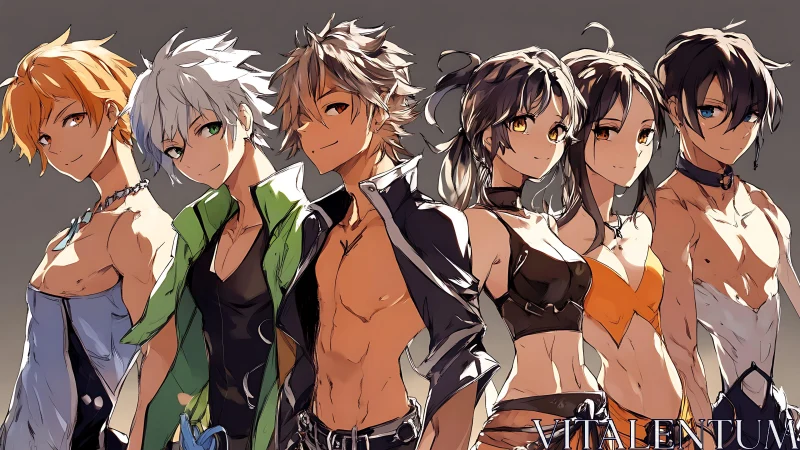 Stylized anime ensemble in warm gradient studio lighting.