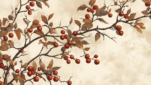 Branch with red berries arcs across textured beige background