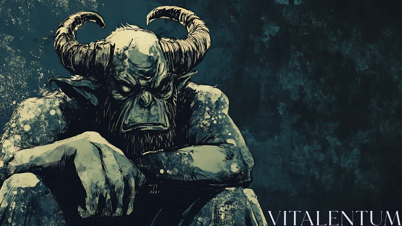 Brooding horned demon in desaturated grunge digital rendering.