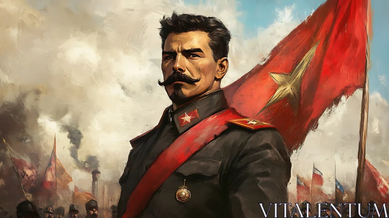 Heroic military commander portrait under red victory banner