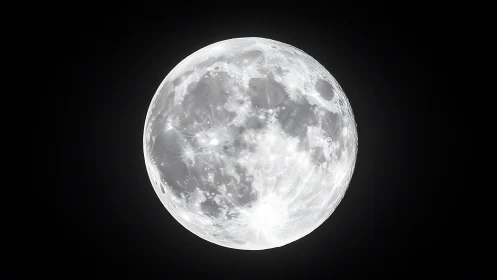 Full moon glows sharply against deep black night sky