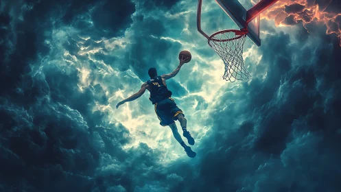 Skyward basketball dunk slices through stormlit clouds.