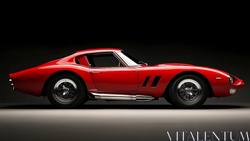 Scarlet vintage racer prowls a studio of sculpted shadows.