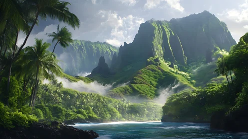 Tropical Valley with Dramatic Waterfall-Marked Cliffs.