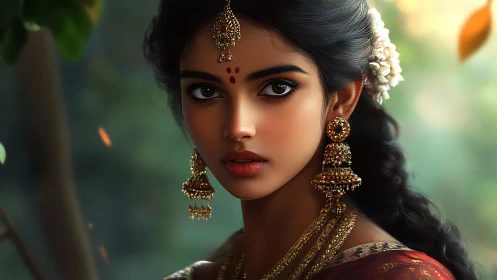 Golden gaze of a adorned woman in luminous forest hush.