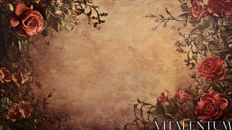 Vintage rose border on textured brown background.