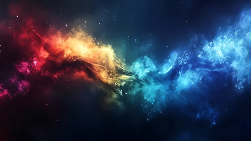 Cosmic nebula clash in vivid red, gold, and blue light.