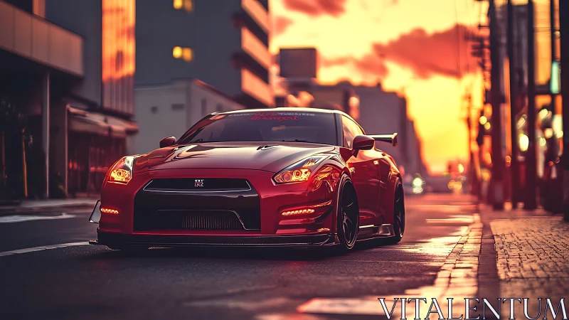 Sunset city streets welcome a bold red sports car’s glow