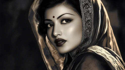 Sepia-toned portrait captures veiled woman with deep gaze.