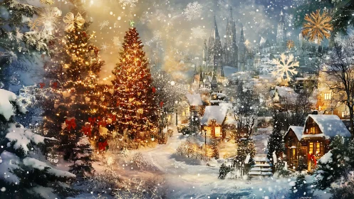 Snowy Christmas village glows under festive lantern light.