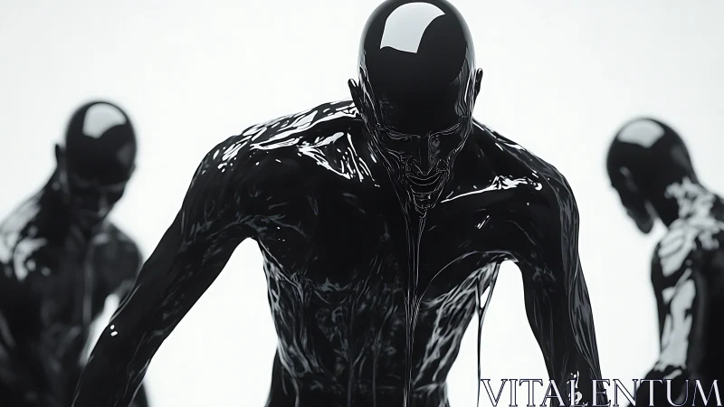 High-gloss liquid humanoid figures in stark volumetric backlight