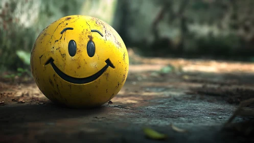 Yellow smiley ball rests on worn outdoor concrete ground