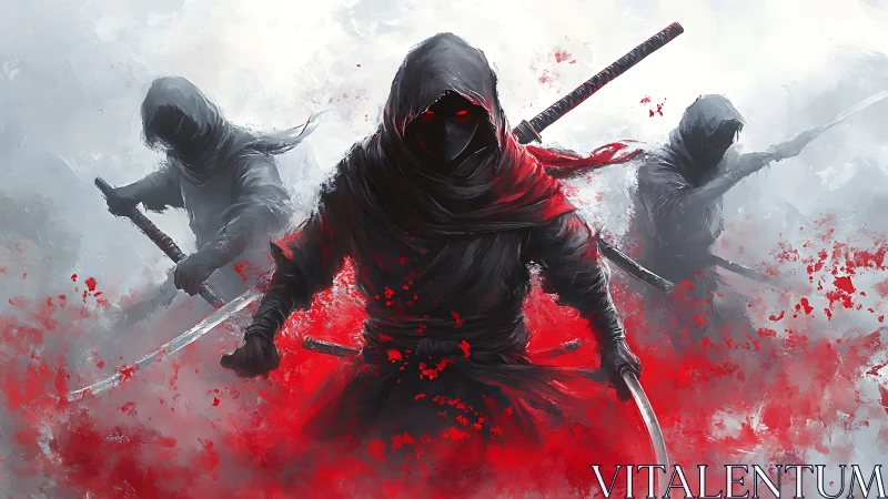 Hooded ninja triad advances amid red splatter and misty void