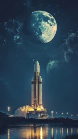 Vertical launch tableau with lunar backdrop in digital painting.
