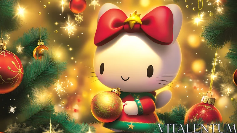 Cute white cartoon cat holding Christmas bauble ornament.