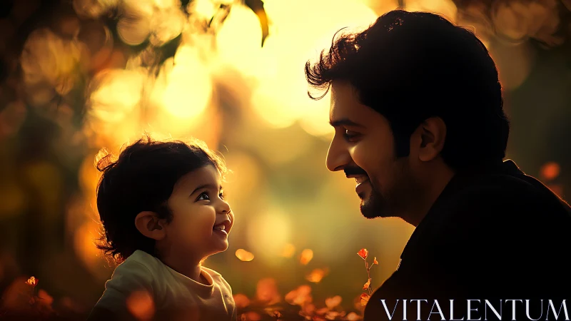 Father and child portrait in golden hour backlight glow.