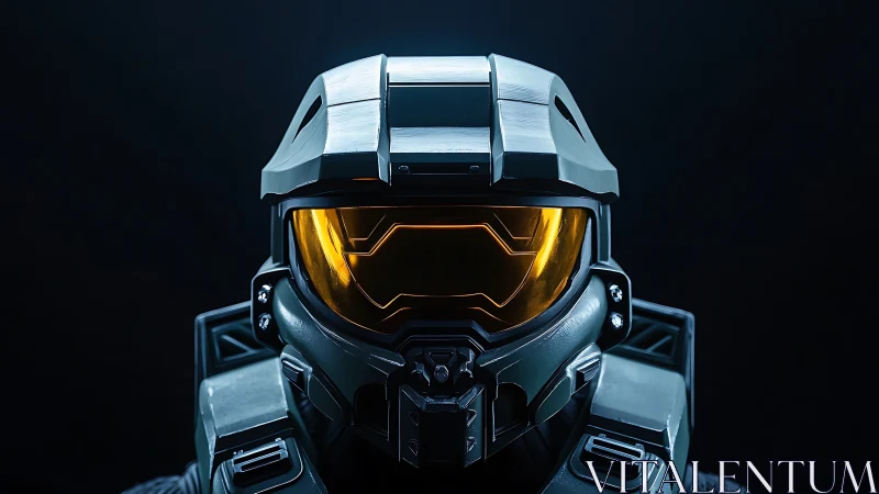 Futuristic armored helmet glowing with quiet golden power.