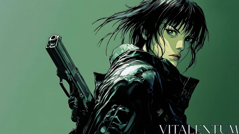 Gun-wielding cyberpunk woman turns sharply against green void