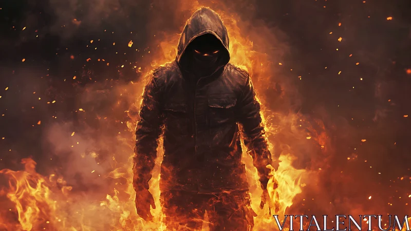 Hooded human silhouette surrounded by intense flames.