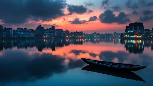 Silent wooden boat on urban lake at vivid sunset glow.
