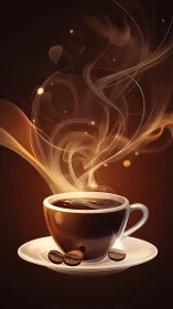 Steaming coffee cup emits swirling luminous aroma trails
